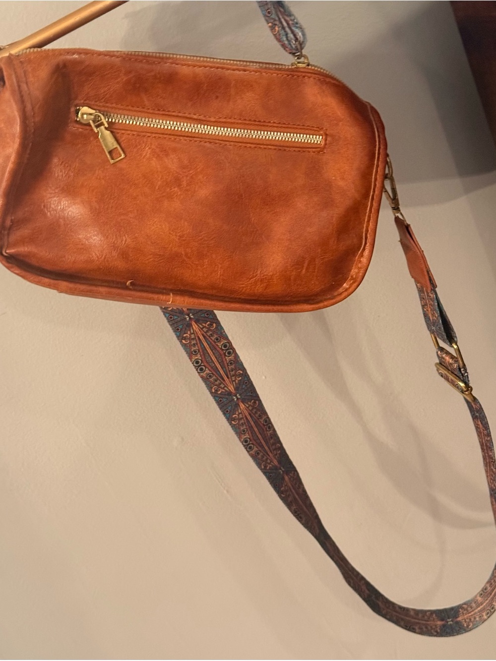 Women's Tan Crossbody Bag with Patterned Strap